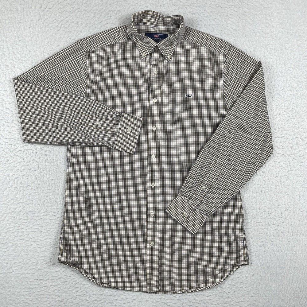 Vineyard Vines Shirt Mens Medium Yellow Purple Plaid Slim Fit Whale Prep Office